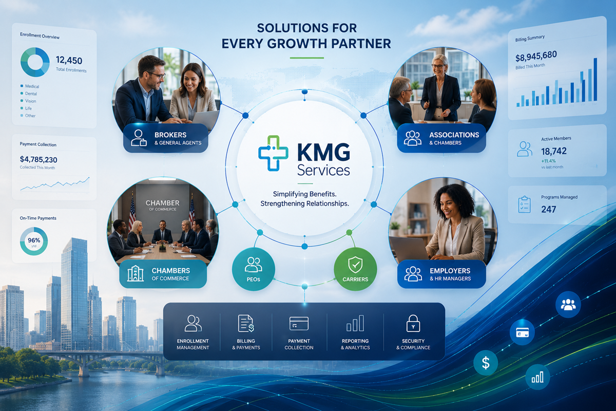 KMG Services solutions ecosystem for brokers, associations, chambers, employers, PEOs, and carriers
