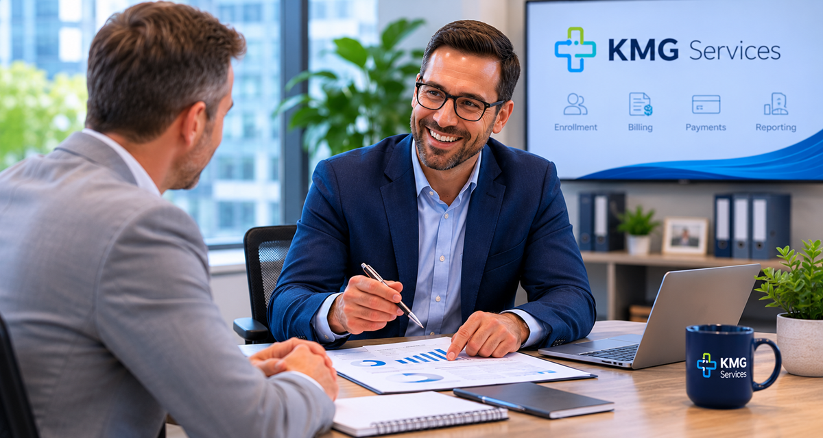 Broker consulting with client about benefit program administration