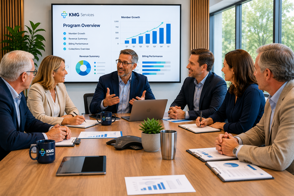 Association board reviewing member benefits dashboard and program reporting